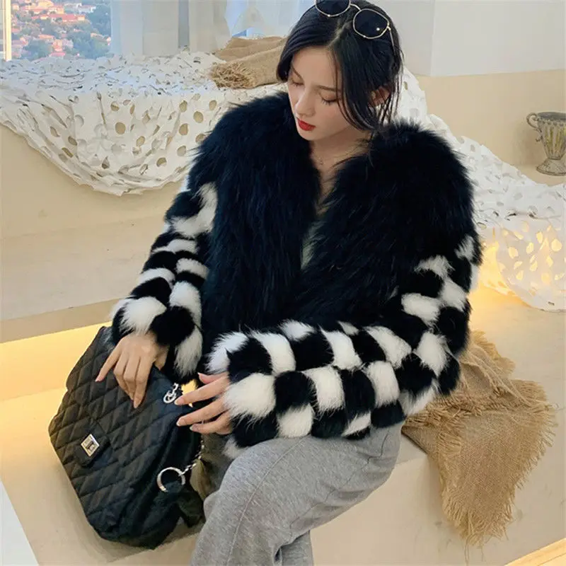 Chic Black and White Checkerboard Imitation Fox Fur Coat Short Contrast Color Checked Mink Fur Bomber Jacket Cardigan Crop Tops