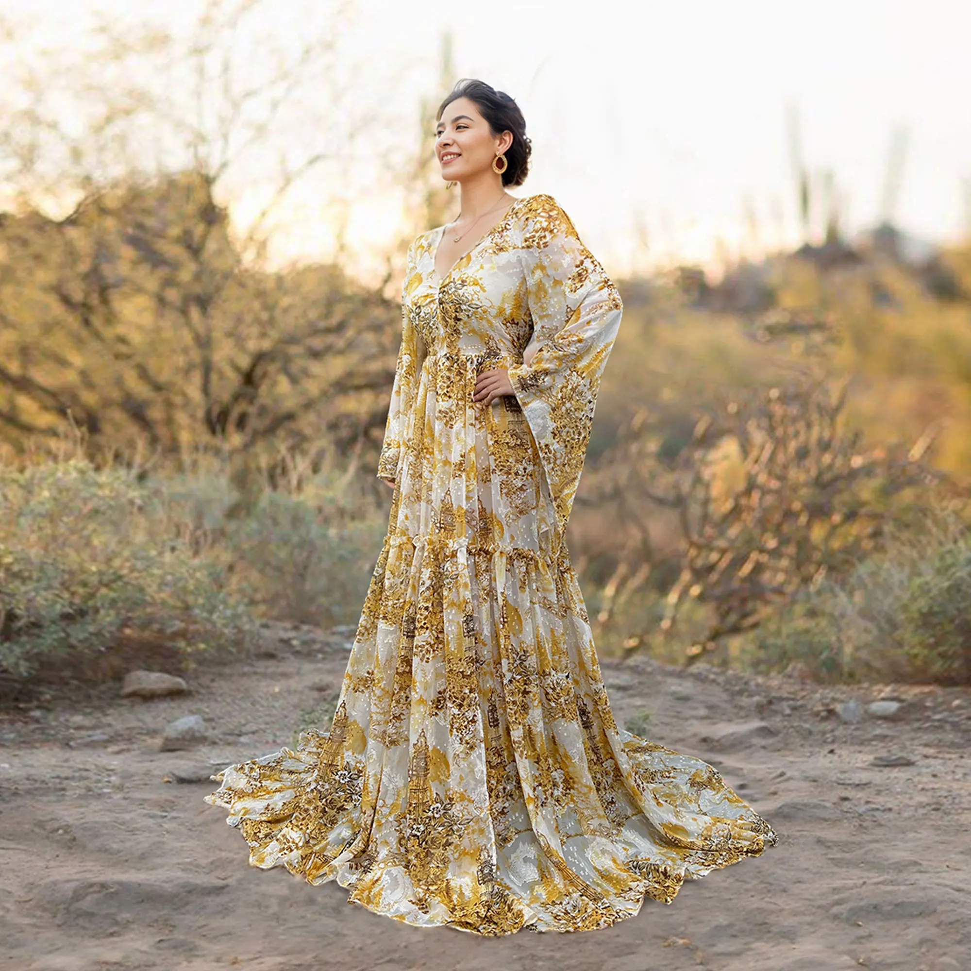 V-neck Long Sleeves Yellow Printed Chiffon Autumn Dress Maternity Gown Front Split for Photo Shooting Party Gown Pregnancy Women