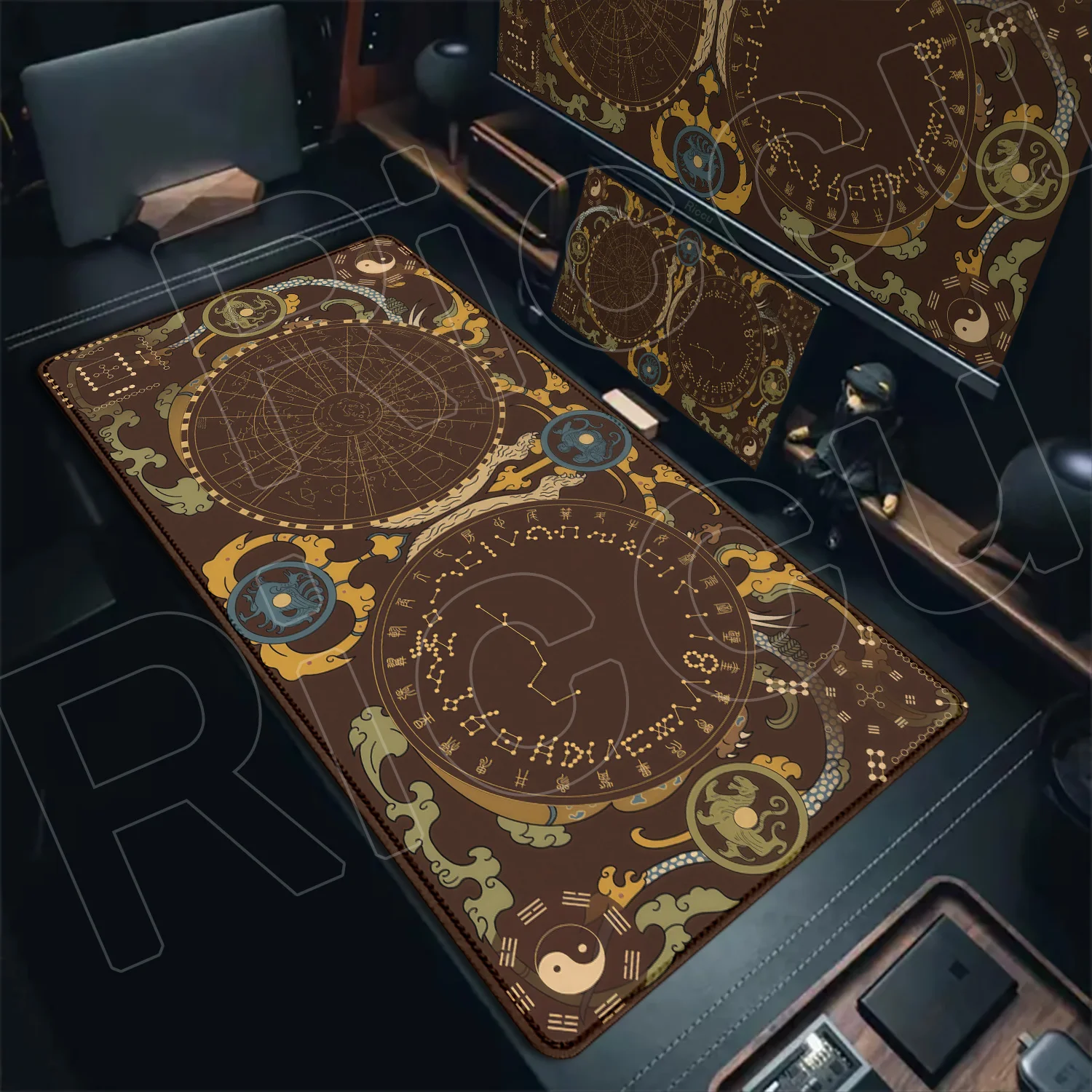 XXL HD Print Desk mat Gaming Astrology Hetu Luoshu Aesthetic Rubber Mouse pad Cartoon Celestial Phases Non-slip MousePad carpet