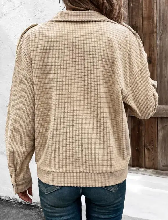 

Casual Women's Jacket Spring and Autumn New Collection Solid Color Waffle Texture Flip Collar Long Sleeve Work Style Jacket