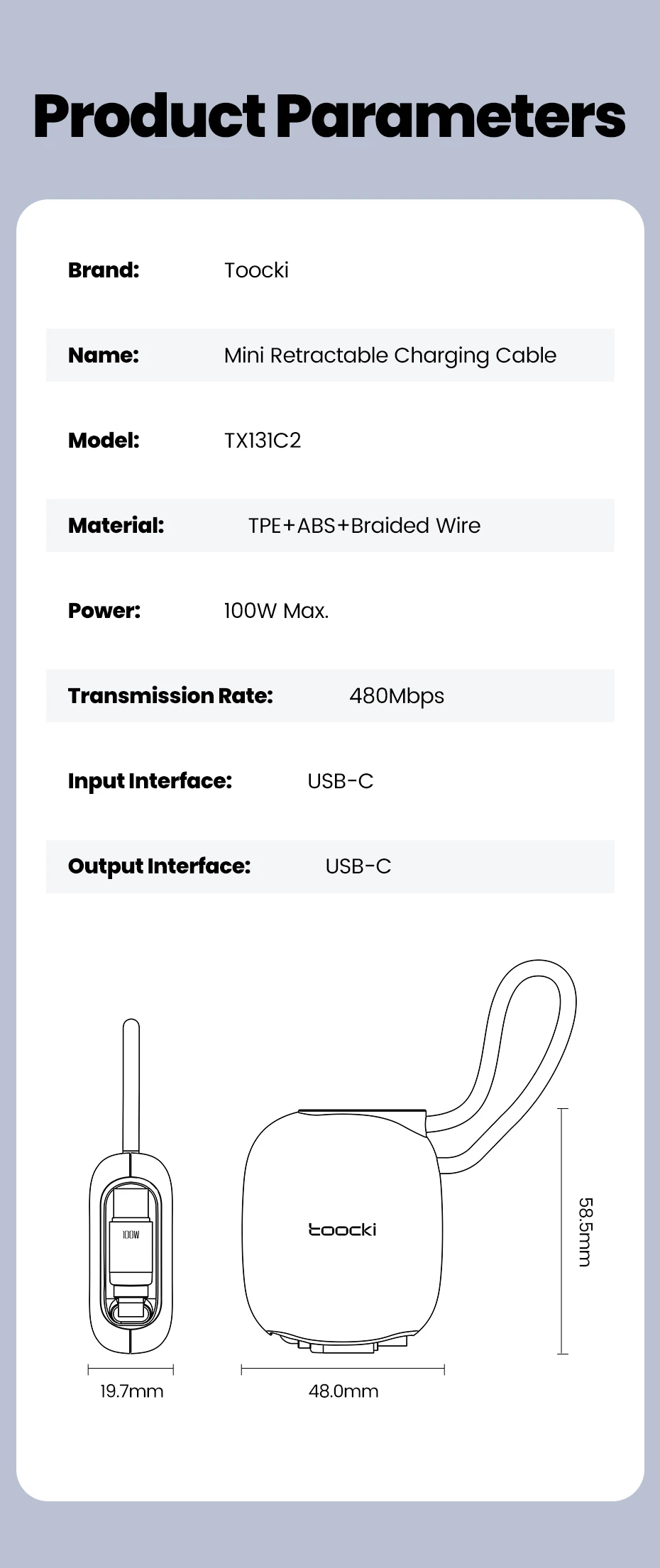 Toocki Einziehbares 100W USB-C-Kabel für iPhone Samsung Magnetisches Einziehbares Lanyard für Reisen Mini Type-C Schnell-Ladekabel Datenkabel – Detail 13