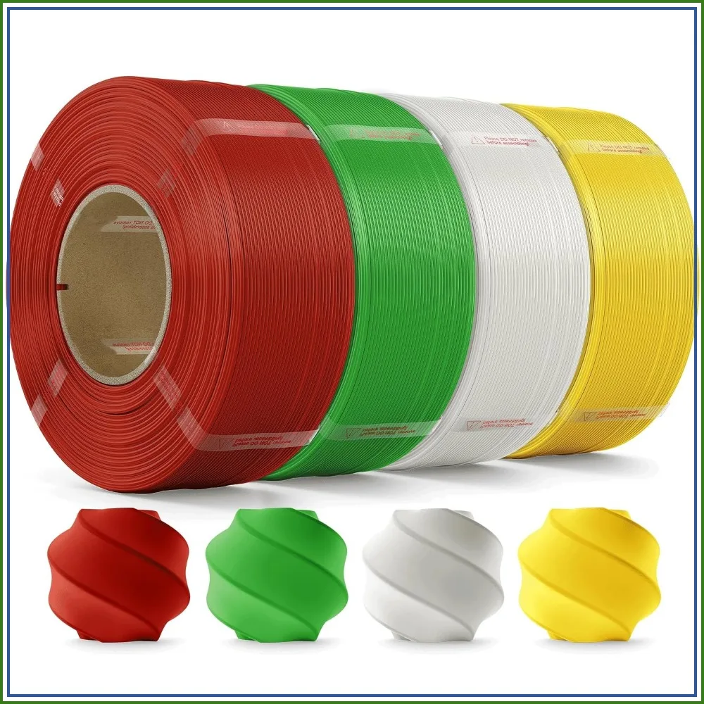 

PLA Filament 1.75mm, 4kg Refill for Reusable Spools, Red+Green+White+Yellow, Premium Quality for 3D Printers
