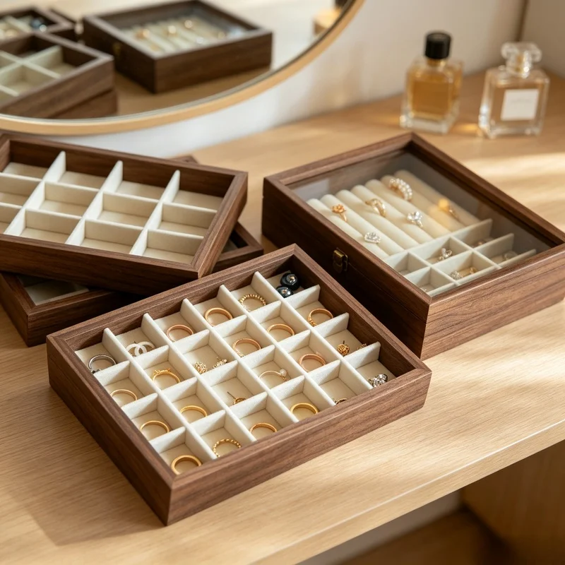 Walnut Pattern Velvet Hard Jewelry Storage Box Korean‑Style Small Ring Necklace Earring Organizer for Bedroom Home Use