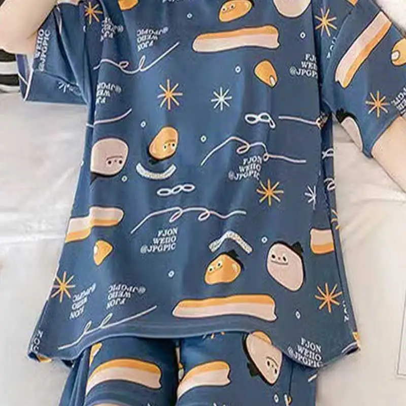 Two Sets Of Pajamas Women\'s Summer Short-Sleeved Shorts Large Size Thin Section Cute Comfortable Loose  Worn Outside Homewear