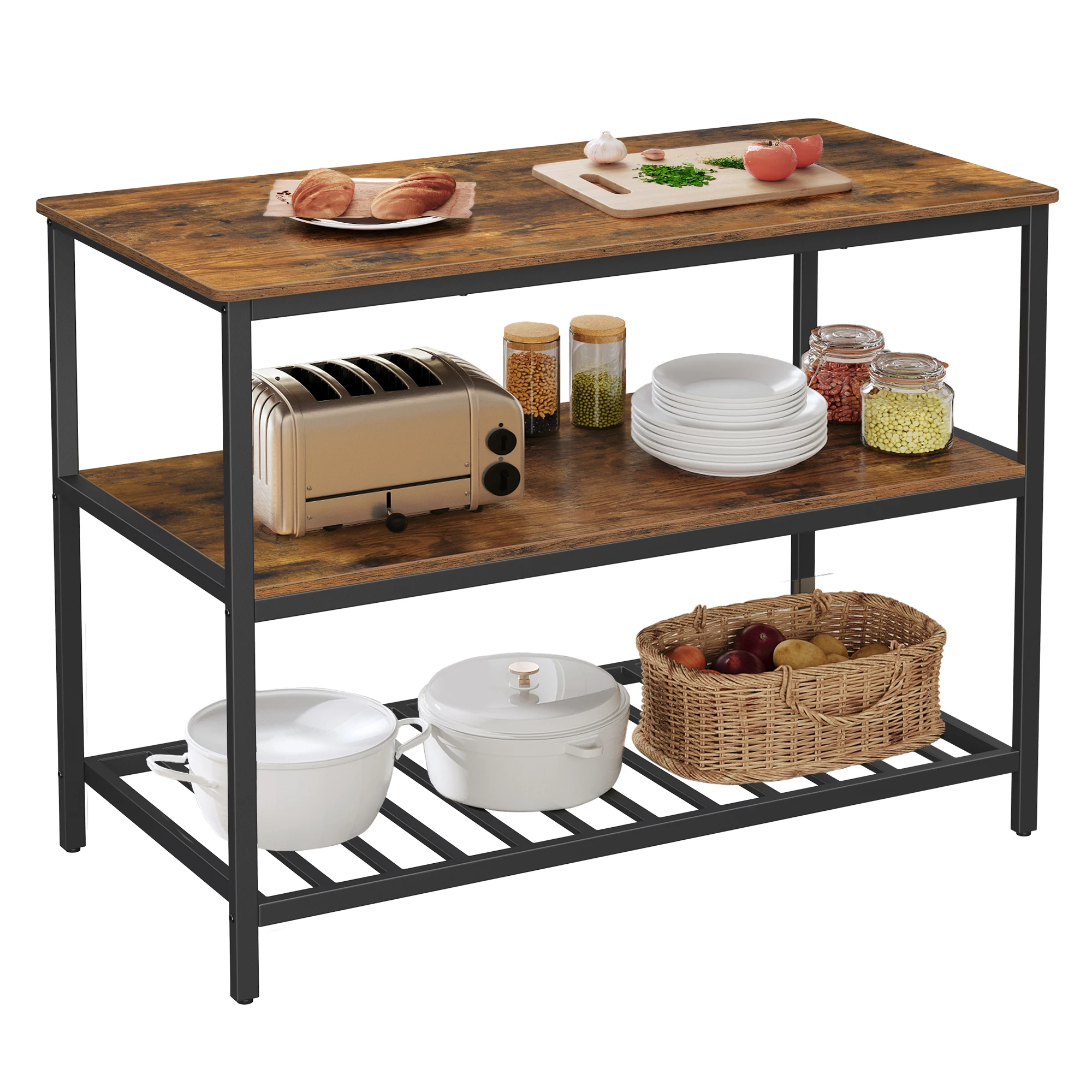 

VASAGLE Kitchen Island with 3 Shelves, 47.2 Inches Width Kitchen Shelf with Large Worktop, Stable Steel Structure, Industrial