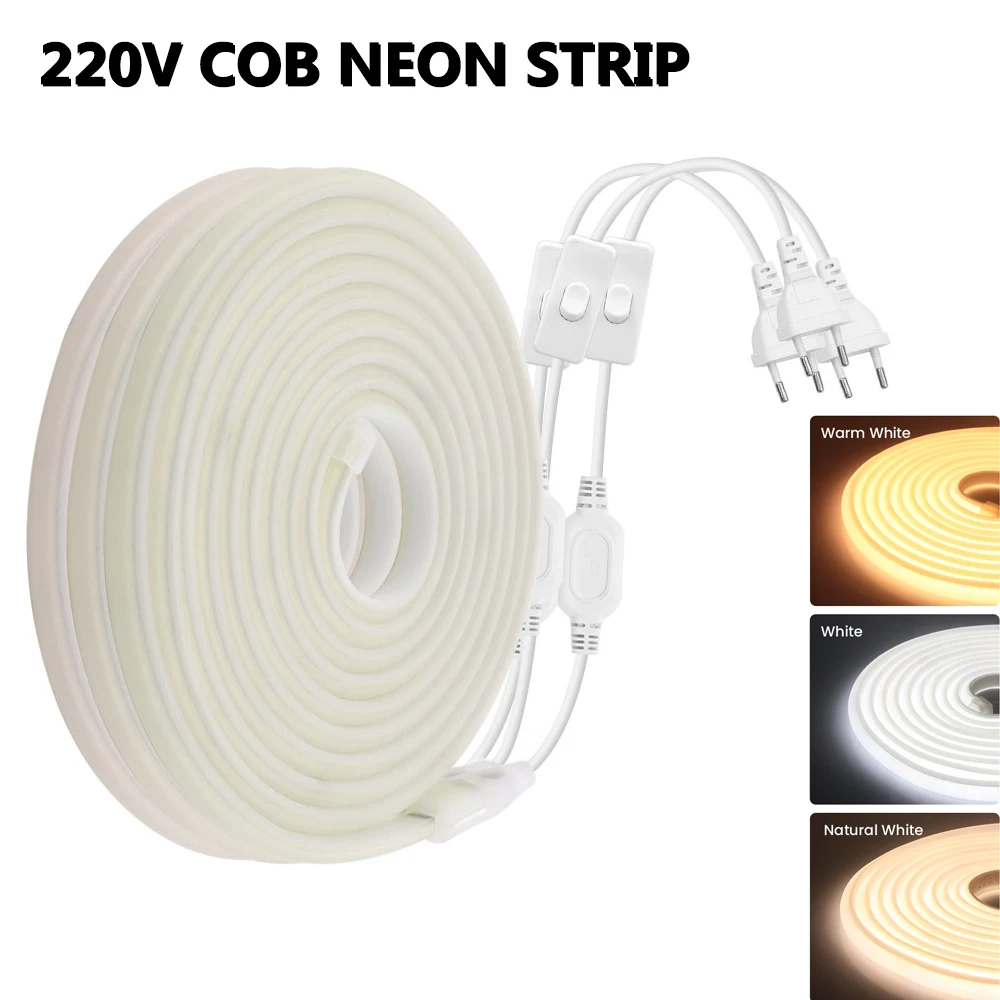 

High Bright COB LED Strips Neon Light 288Leds/m 220V EU Switch Plug Outdoor Garden COB Tape CRI RA90 for Kitchen Home Lighting