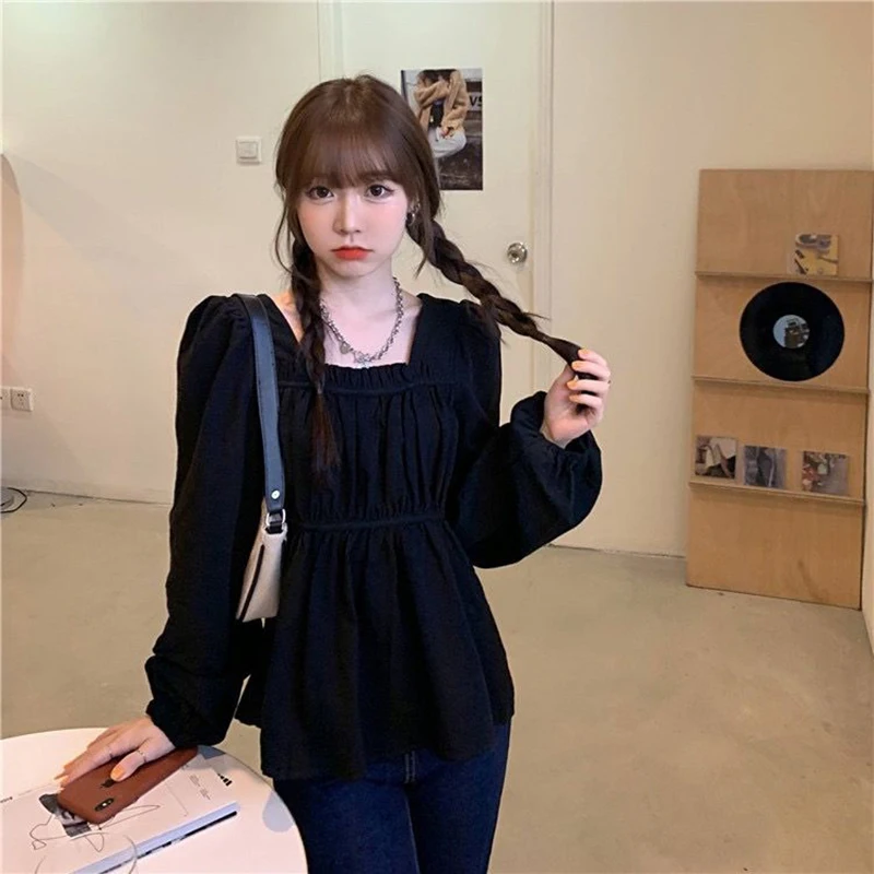 Y2K Sweet Black Women Shirts Korean Loose Puff Long Sleeve Female Casual Blouse Fashion New Square Collar Folds Ladies Tops