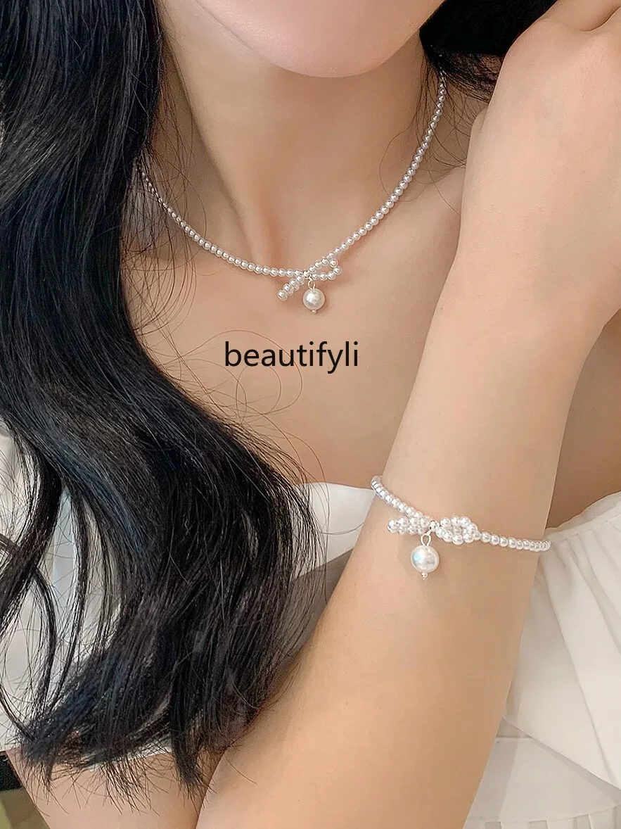 Fashionable All-Match Bow Pearl Pendant Korean Style Elegant Necklace Small Design Clavicle Chain