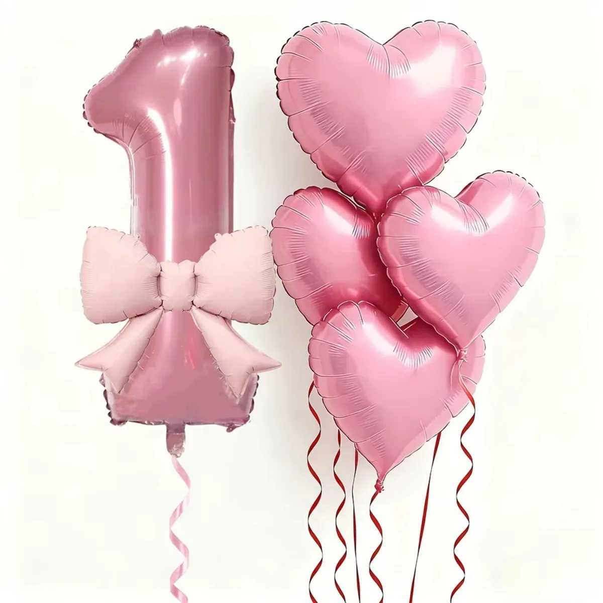 6Pcs Pink Number Bow Party Balloon Set with Heart Balloons for Birthday Party Decor Anniversary Festival Celebration Photo