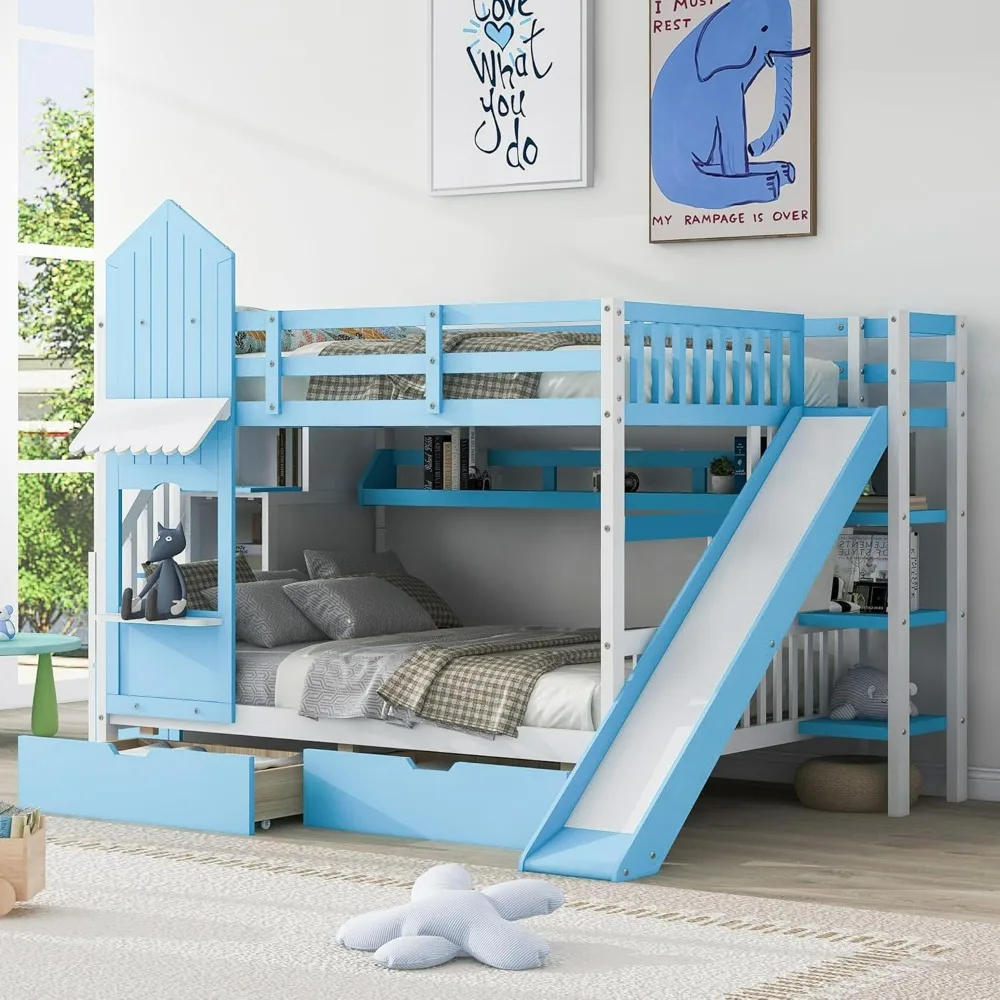 Kids Bunk Bed with Stairs and Slide, Wood Full Over Full Bunk Bed with Storage Drawers and Shelves, Castle Style Bunk Beds