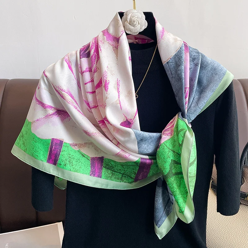 2024 Luxury Design 90X90CM Printed Women\'s Silk Stain Bandana Muffle Rectangle Shawl Square Collar Fashion Handkerchief Foulard