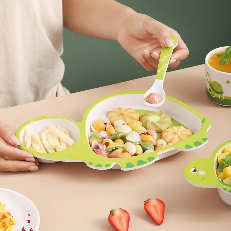 5pcs/set Cartoon Animal Dish Tableware Set Natural Bamboo Fiber Bowl With Cup Spoon Plate Fork Feeding Dishes for Kids Utensils