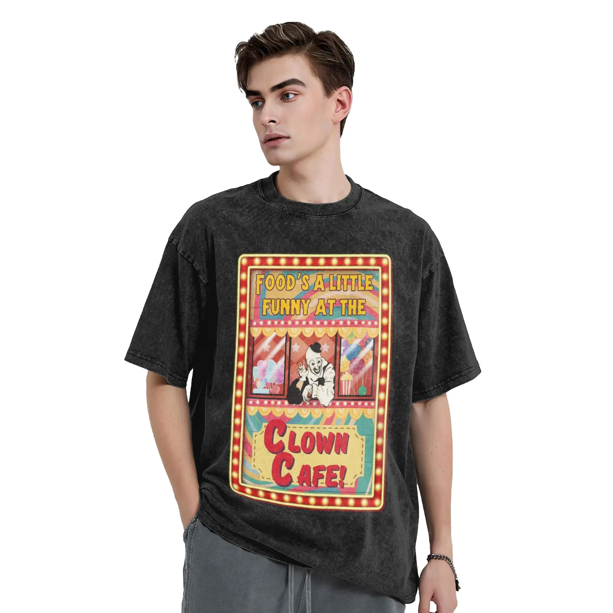 Washed T Shirts Clown Cafe with Art the Clown Terrifier Hip Hop Retro T-Shirt Harajuku Streetwear Cotton Tops Tees Men Women