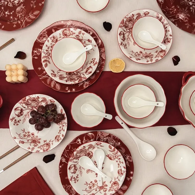

Ahunderjiaz-Red Rose Ceramic Tableware, Household Bowl and Plate Set, Kitchen Cutlery Set, Home Decor, Light Luxury