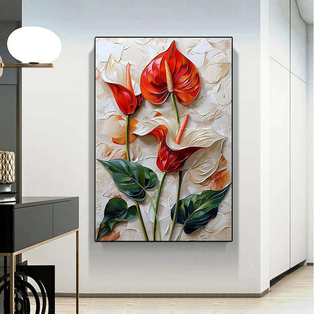 Modern Textured Anthurium Flower Print Canvas Painting, Simple Anthurium Poster Wall Art, For Living Room Bedroom Decor,No Frame