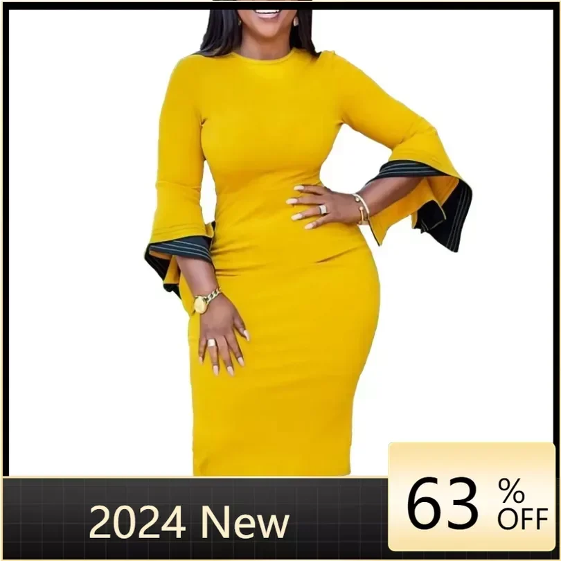 

Elegant Bodycon Dresses for Women Round Neck Flare Sleeve Solid Package Hips Mid Calf Professional Business Work Dress Midi Robe