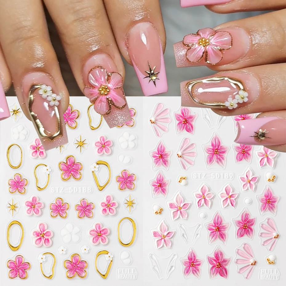 5D Embossed Pink Hibiscus Camellias Nail Art Sticker with Go