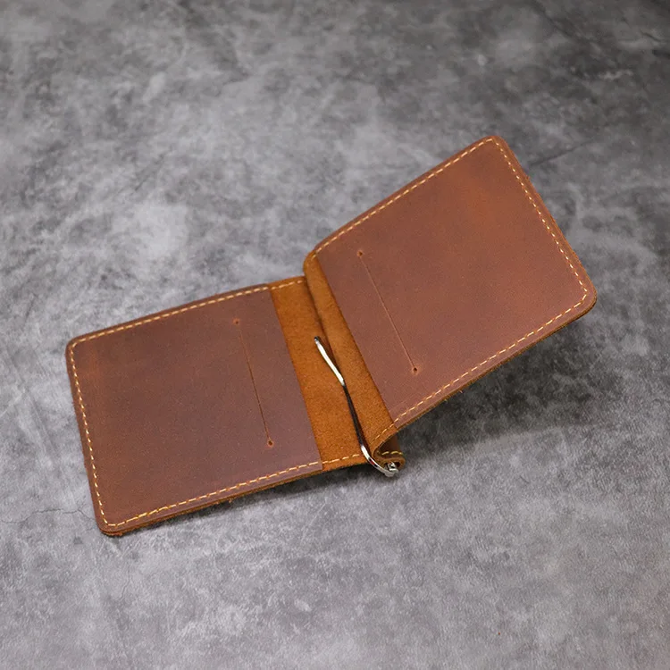 Fatti a mano del Cuoio Genuino Clip Dei Soldi Del Raccoglitore per Gli Uomini di Sesso Maschile Crazy Horse Pelle Bovina Breve Bifold Slim Money Clip