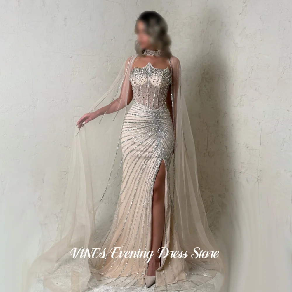 VINES Exquisite Nude Strapless Mermaid Evening Gown Crystal Beaded Corset High Slit Cape Sleeve Radiant Prom Party Customized