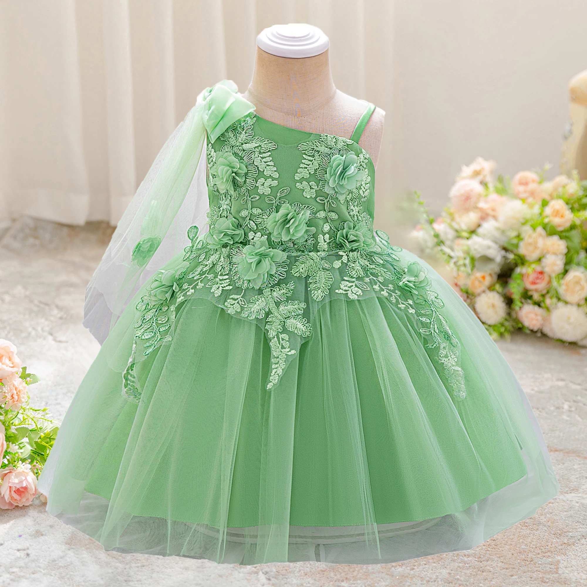 

Flower Baptism Party Baby Girls Dress Elegant White Wedding 1st Birthday Evening Princess Dresses Girl First Communion Prom Gown