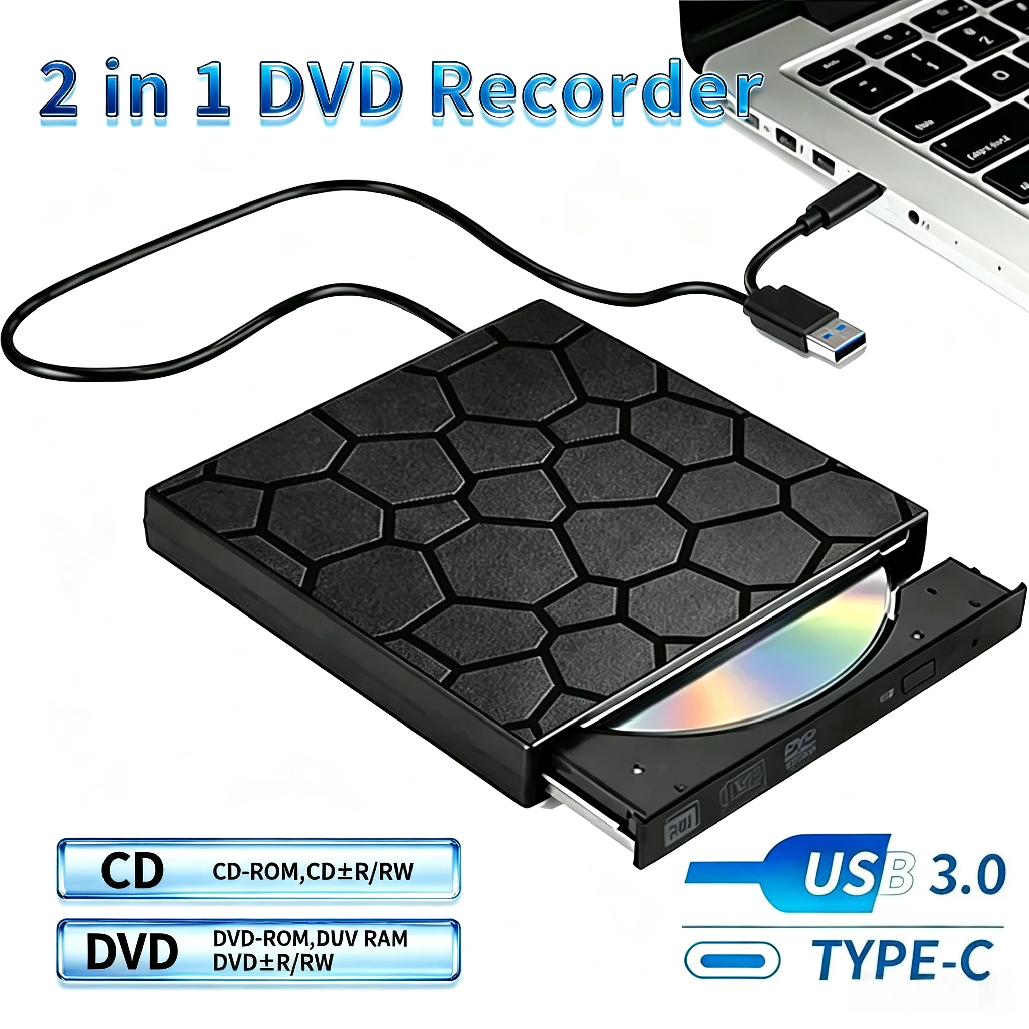 2-in-1 USB 3.0 Type‑C External Optical Drive, DVD‑RW CD Writer Reader, Portable DVD Burner Recorder CD Player for Laptop Desktop