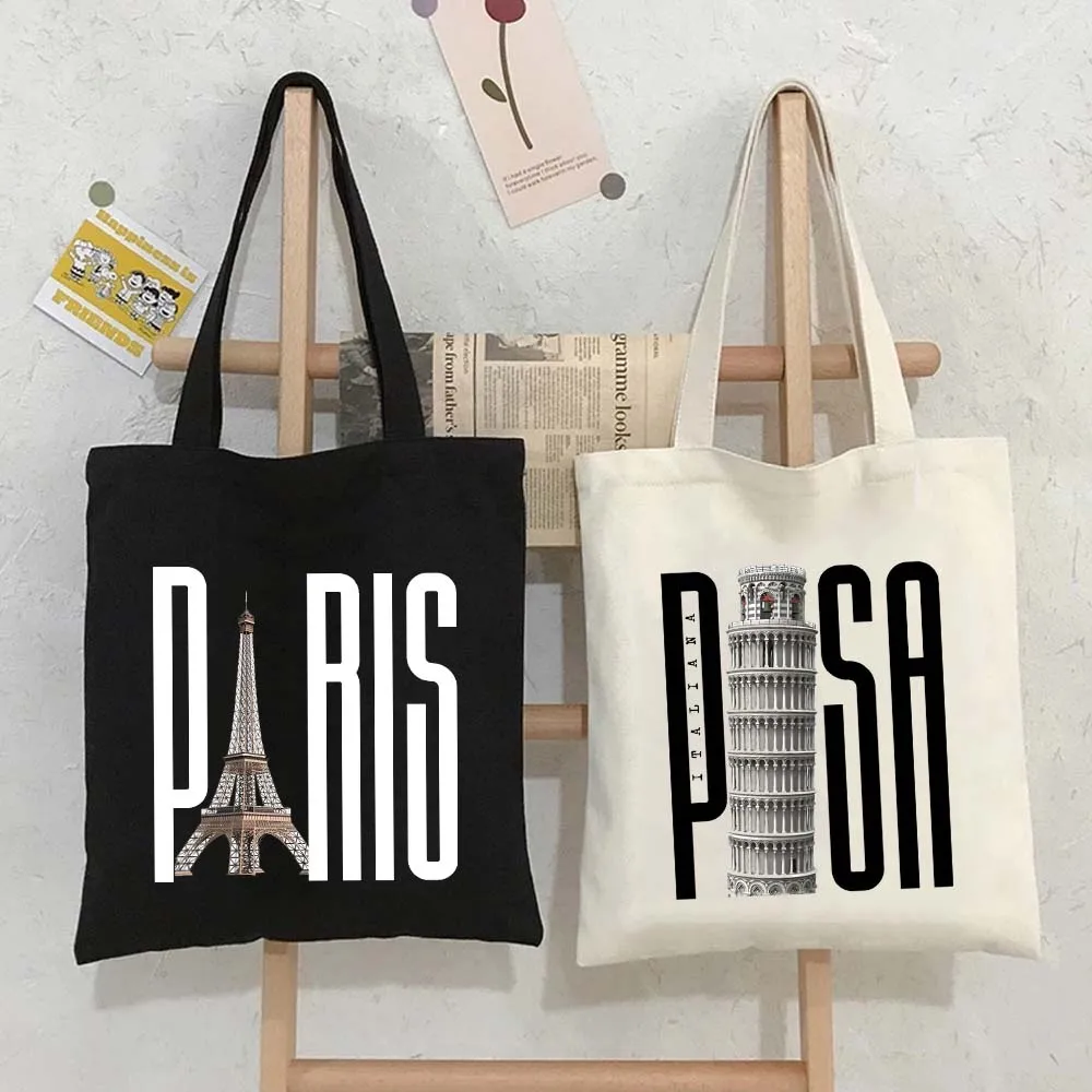 London New York Amsterdam Miami San Francisco Split Vegas Paris Bath Women's Canvas Shoulder Totes Bags Cotton Shopping Handbags