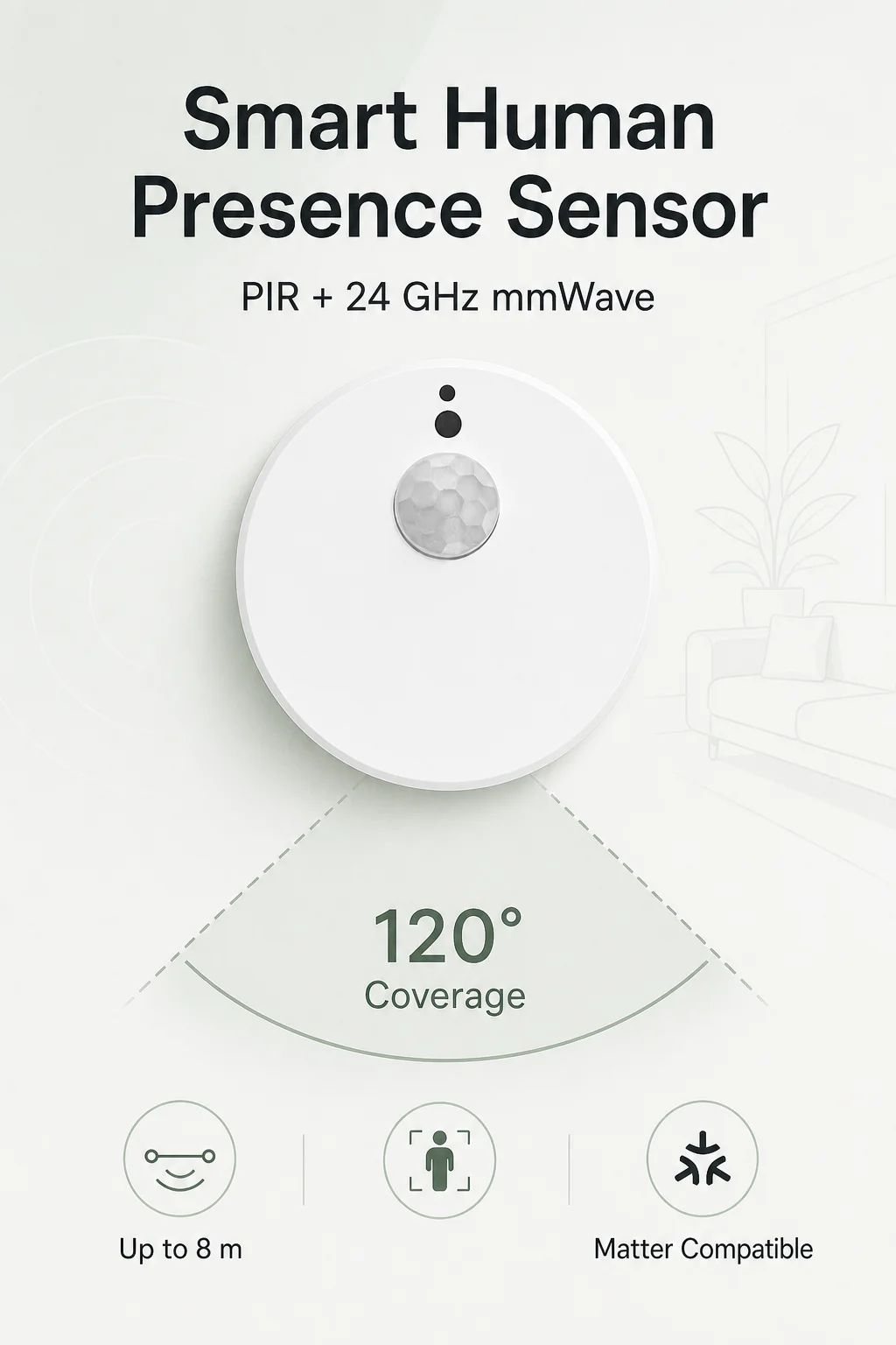 Matter Human Presence Sensor 24GHz mmWave Radar PIR 120° 8m 2.4G WiFi for Apple Home Home Assistant