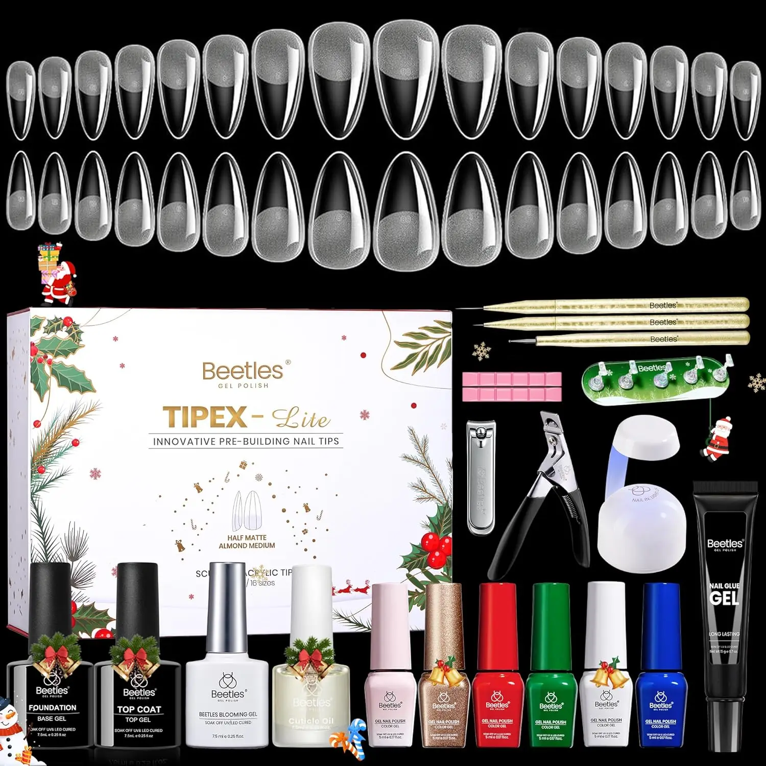 

Christmas Nail Tips Kit with Gel Polish, UV Glue, Brushes – Almond Medium 16 Sizes, 6 Colors for Holiday DIY