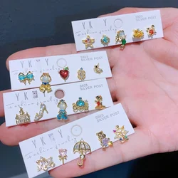 5pcs Charm Gold Color Stainless Steel Fairy Tale Princess Stud Earring for Women Cute Star Carriage Zircon Crystal Jewelry Set