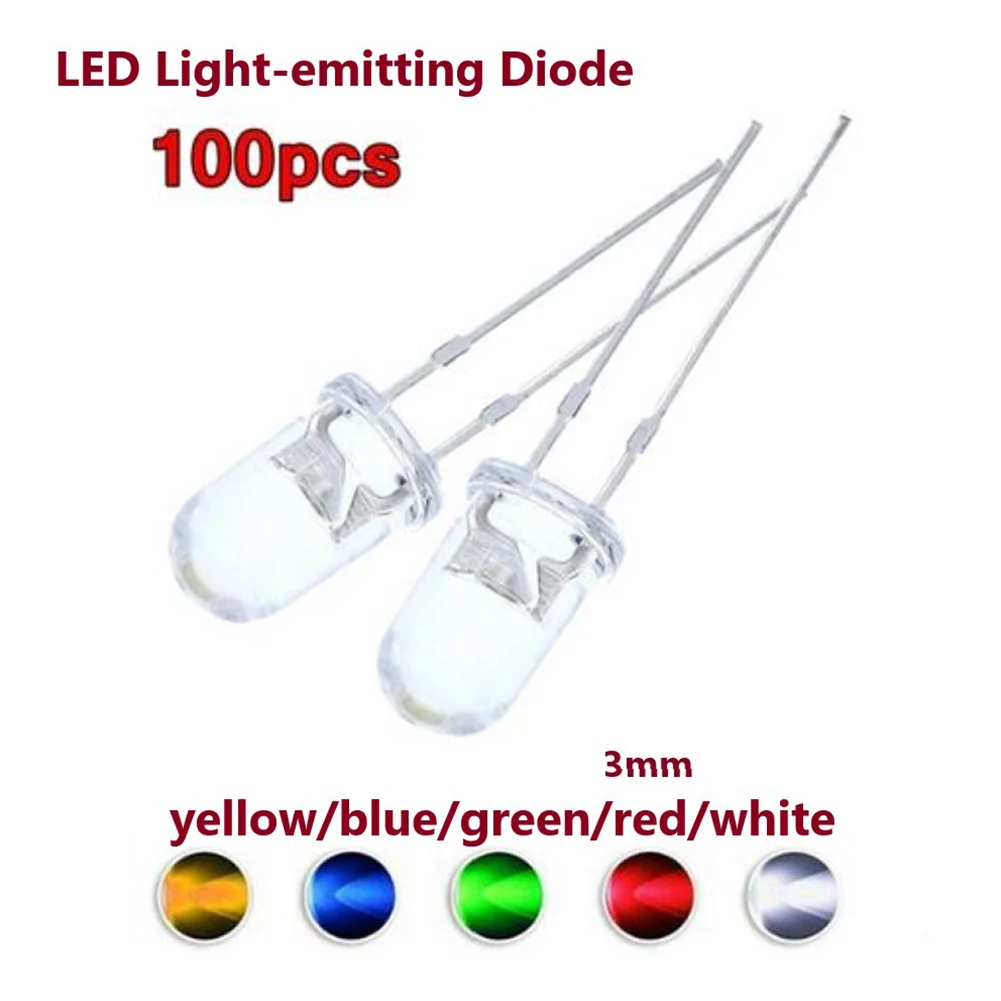 100pcs Super Bright LED 3mm Red/Blue/Green/White/Yellow LED Transparent Bulb Ultra Bright Round LED Light Emitting Diode Lamp