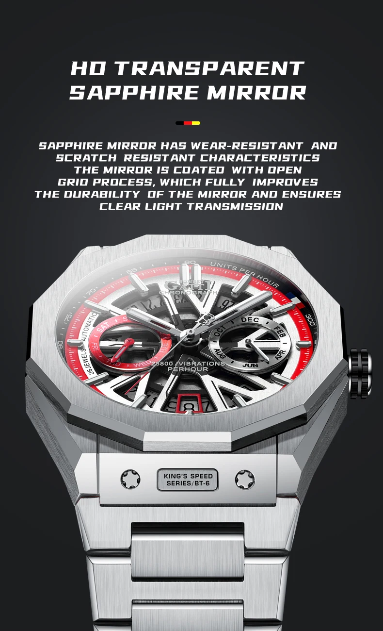 BONEST GATTI ساعة أوتوماتيكية للرجال ساعة يد ميكانيكية فاخرة هيكل عظمي مقاوم للماء الياقوت مضيئة الصلب حزام شهر أسبوع التاريخ #2