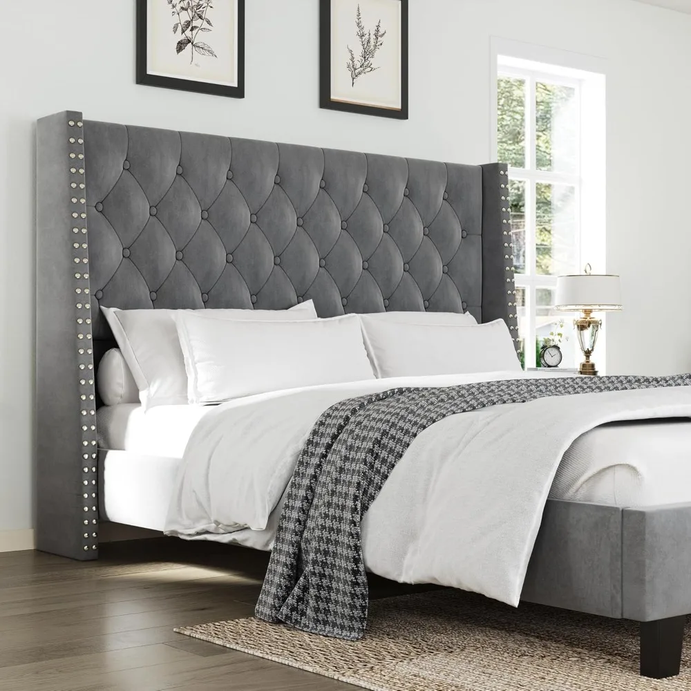 

Queen Size Upholstered Platform Bed Frame with 47.2" Tall Velvet Tufted Wingback Headboard，Noise-Free, Wooden Slats