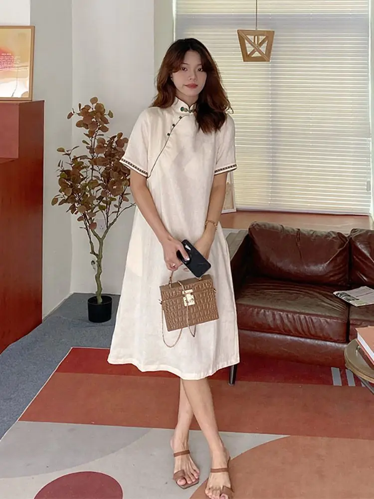 夏の新レトロバックル半袖ドレス女性中国風の緩い気質改善されたチャイナドレス