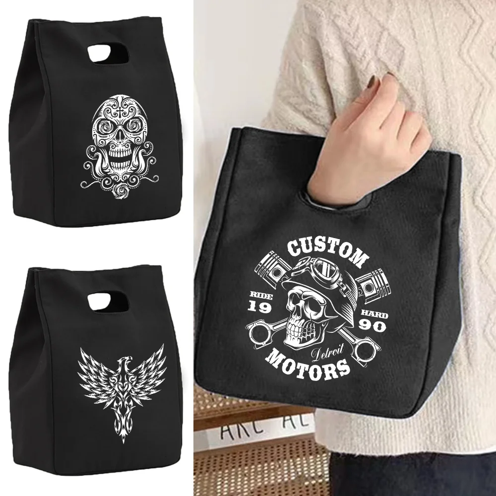 Insulated Canvas Lunch Bag for Women's Functional Lunch Box Portable Thermal Food Picnic Bag Skull Pattern Storage Pouch