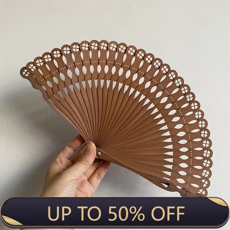 Hollowed-out Full Bamboo Fan Heart-shaped Four-leaf Clover Fan Chinese Style Can Be Paired with Hanfu and Cheongsam Folding Fan