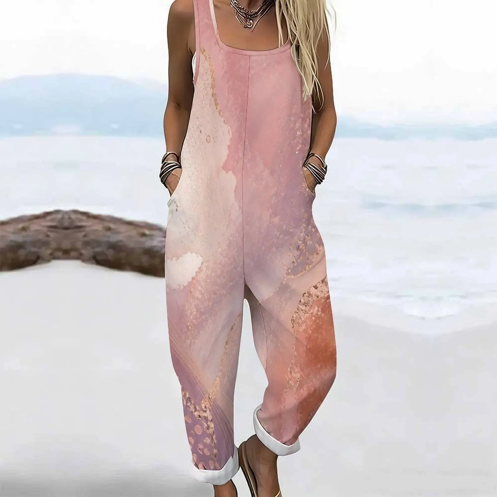 Women Jumpsuit with Print Square Neck Sleeveless Wide Straps Loose Fit Pockets Cuffed Ankle view 5