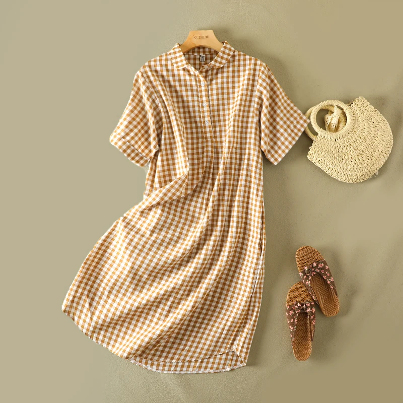 

Artistic Cotton Linen Plaid ort Sve Long A-Line Dr Summer plus Size Women's Collar Button up Skirt for Commute