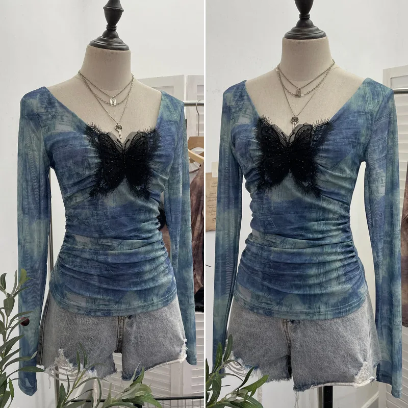 Camiseta de gasa de mariposa Vintage estética Y2k, ropa de calle 2025, camisetas de hadas teñidas anudadas para mujer, Tops plisados ajustados Harajuku Grunge