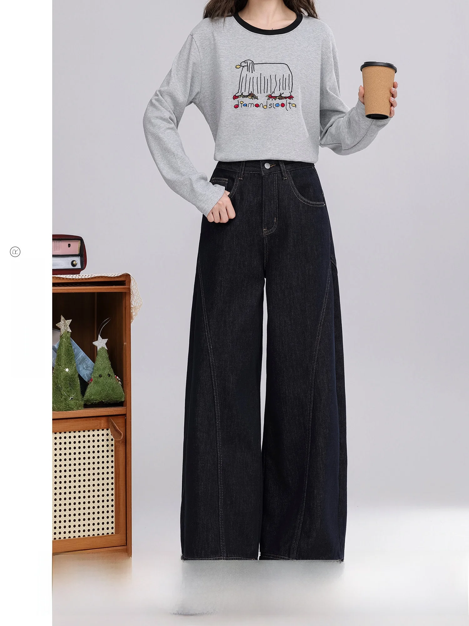 

Warm Fleece Lined Wide Leg Jeans Women's Winter Loose Fit Bootcut Denim Pants High Waist Cotton Retro Style Daily Wear