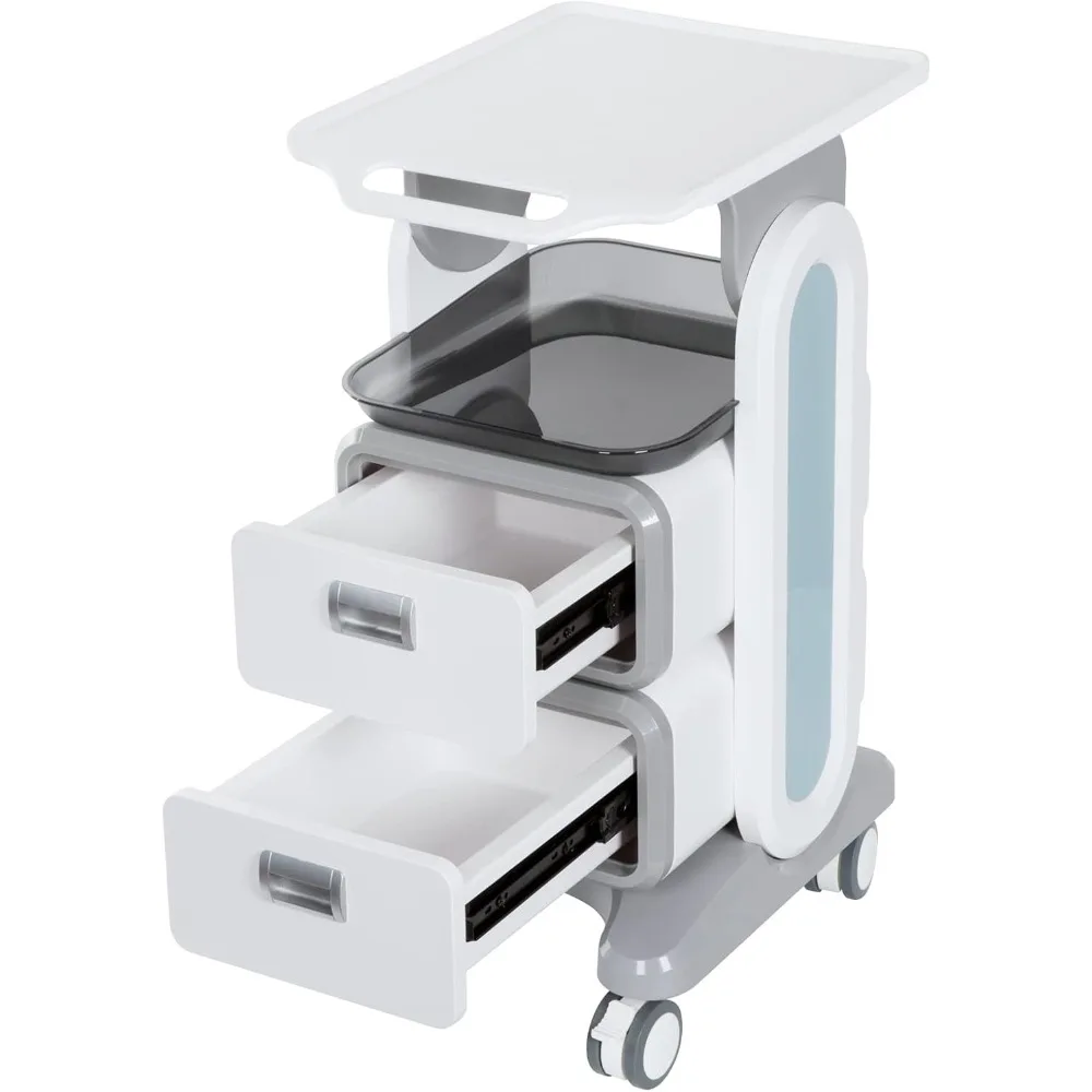 عربة ترولي مع درجين، عربة دوارة بالموجات فوق الصوتية المتنقلة مع عجلات وصواني، عربة تخزين أدوات تحميل 150 رطلاً