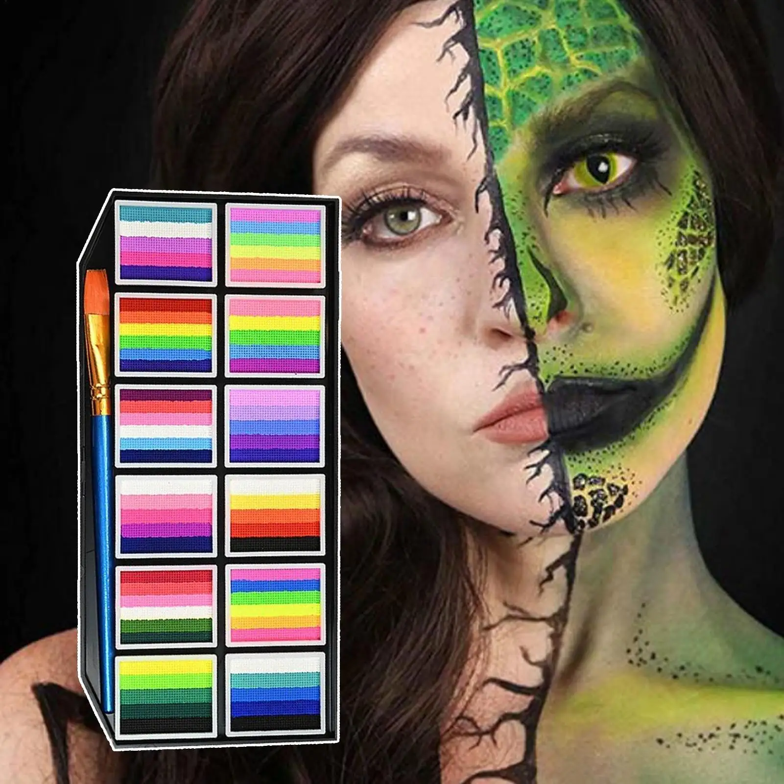12-Panel Palette Rainbow Stripe Paint Set With Brushes Water Baseds Face And Body Paint Palette Christmas Halloween Cosplay