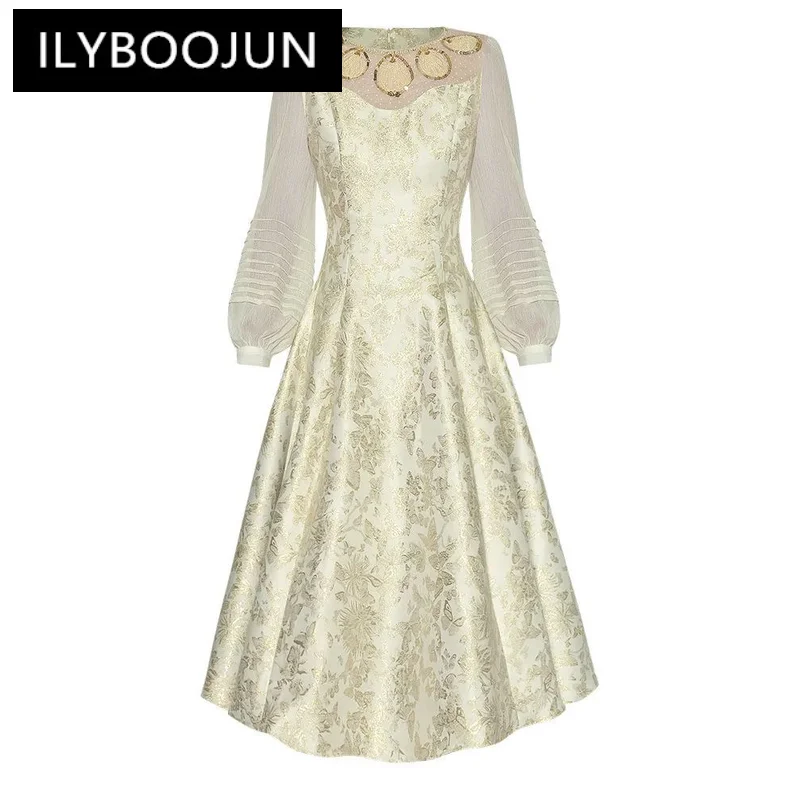 

ILYBOOJUN Fashion Designer Summer Dress Women O Neck Sequin Beading FLowers Print Lantern Sleeve Princess Style Midi Dress