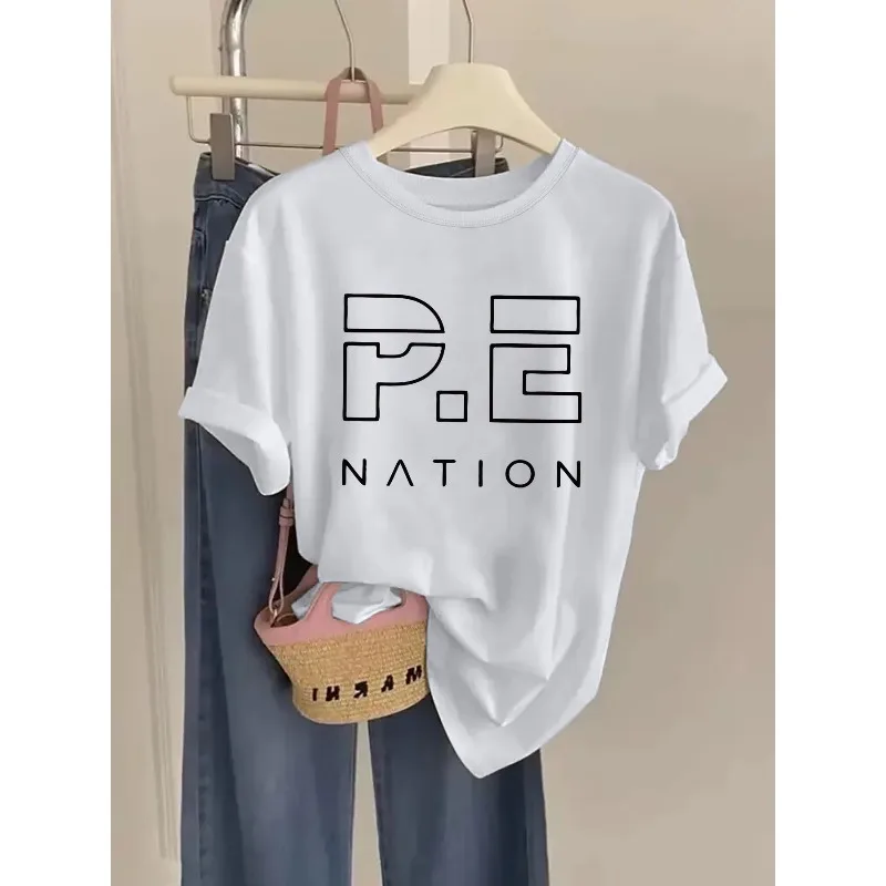 

Women's P.E Nation Graphic T-Shirt White Slim Fit Machine Washable Casual Everyday Wear Women's Crew Neck Y2K Harajuku T-Shirt