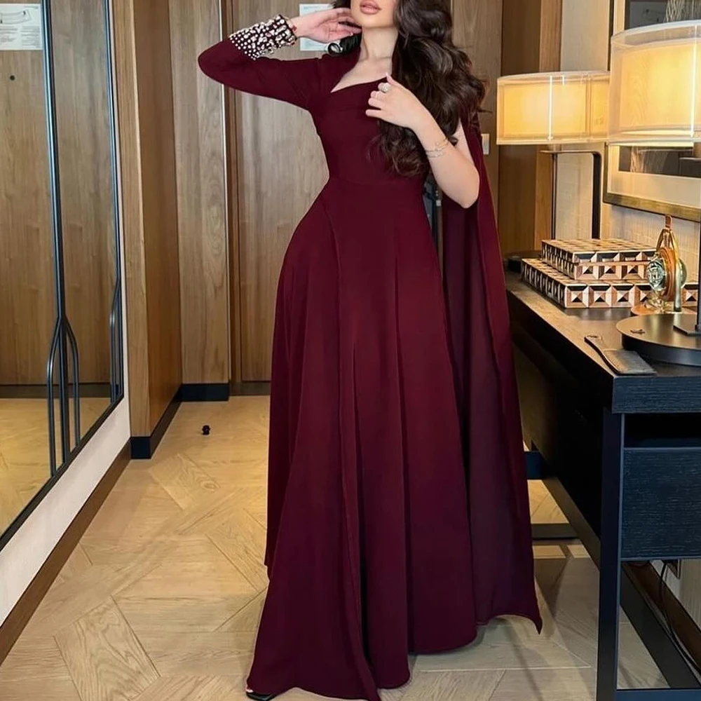 Classic and Temperament A-Line V-Neck One Shoulder Evening Dress  Jersey Long Sleeves  Floor Length Prom Gowns Custom Size