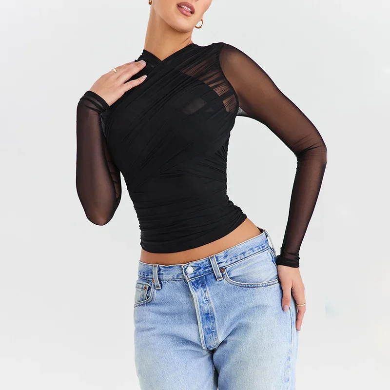 Women's Sexy Mesh See-through Crop Tops with Back Zipper Spring Summer Long Sleeve Midriff Tops Solid Colors T Shirts YWFD005