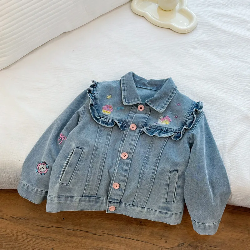 

2025 Autumn Girls' New Embroidered Cute Pattern Pink Button Collar Cowboy Coat