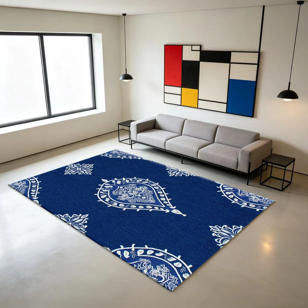 Navy Blue and White Paisley Floral Carpet, Bohemian Print Carpet, Non-Slip Floor Mat Suitable for Home Living Room and Bedroom