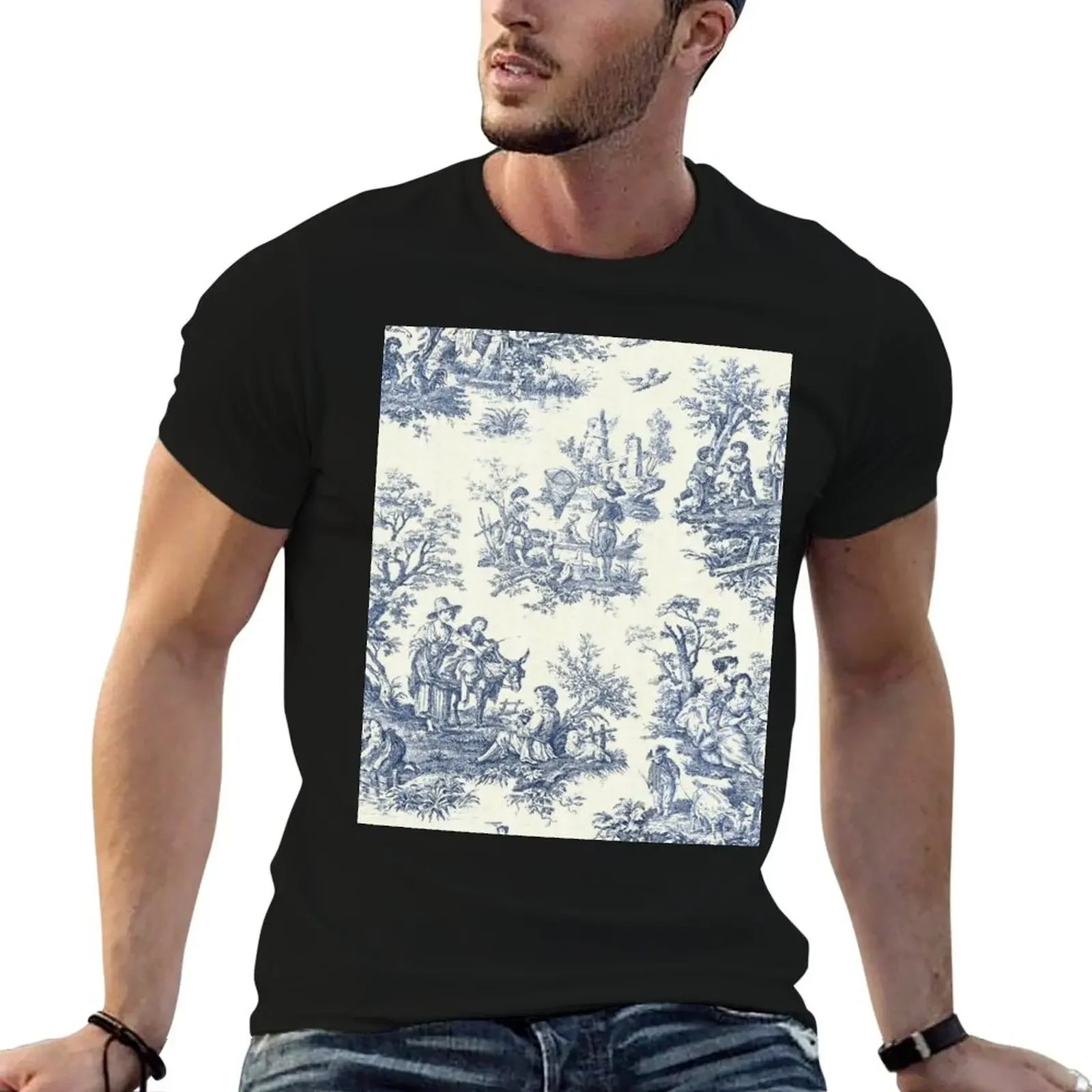 Powder Blue French Toile Picnic Designs T-Shirt blue archive graphic t shirts oversized t shirt men