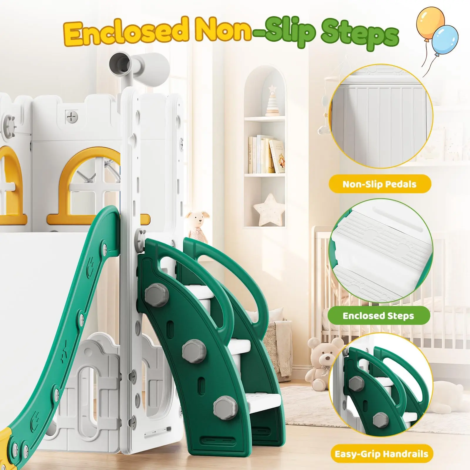 7 in 1 Toddler Slide And Swing Set Indoor Outdoor Kids Playground Climber Basketball Hoop Telescope Castle Playhouse For Ages 1+ view 6