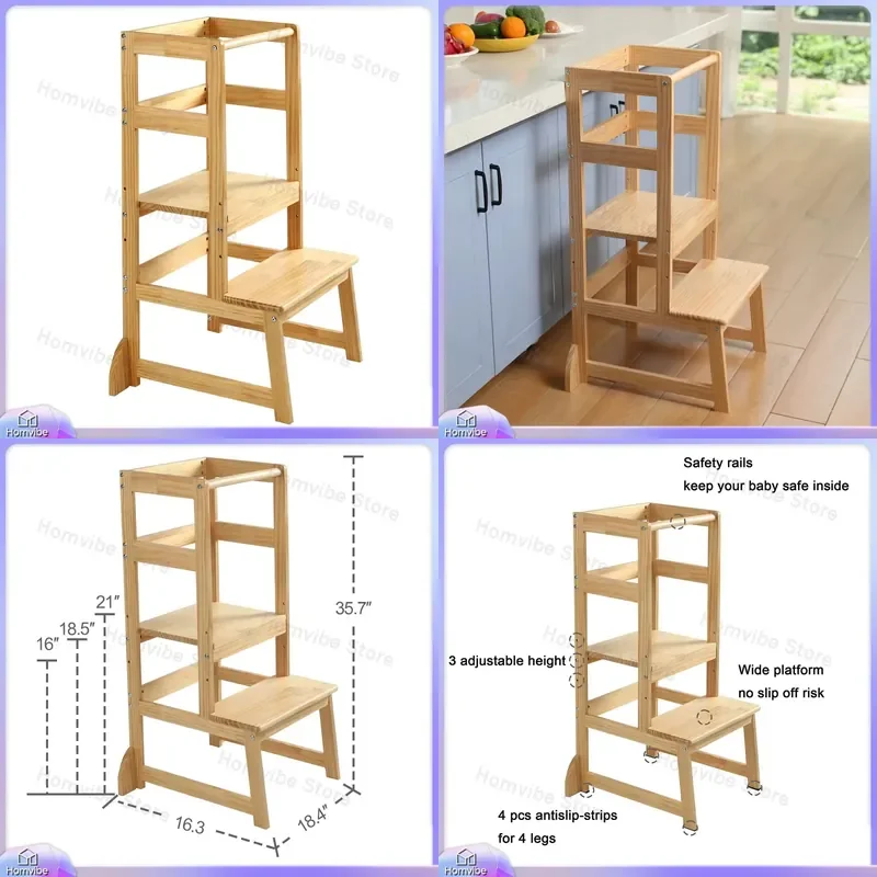 Adjustable Solid Wood Learning Tower Kids Kitchen Helper Stool Baby Standing Assistant Footstool Toddler Wash Hand Step Chair